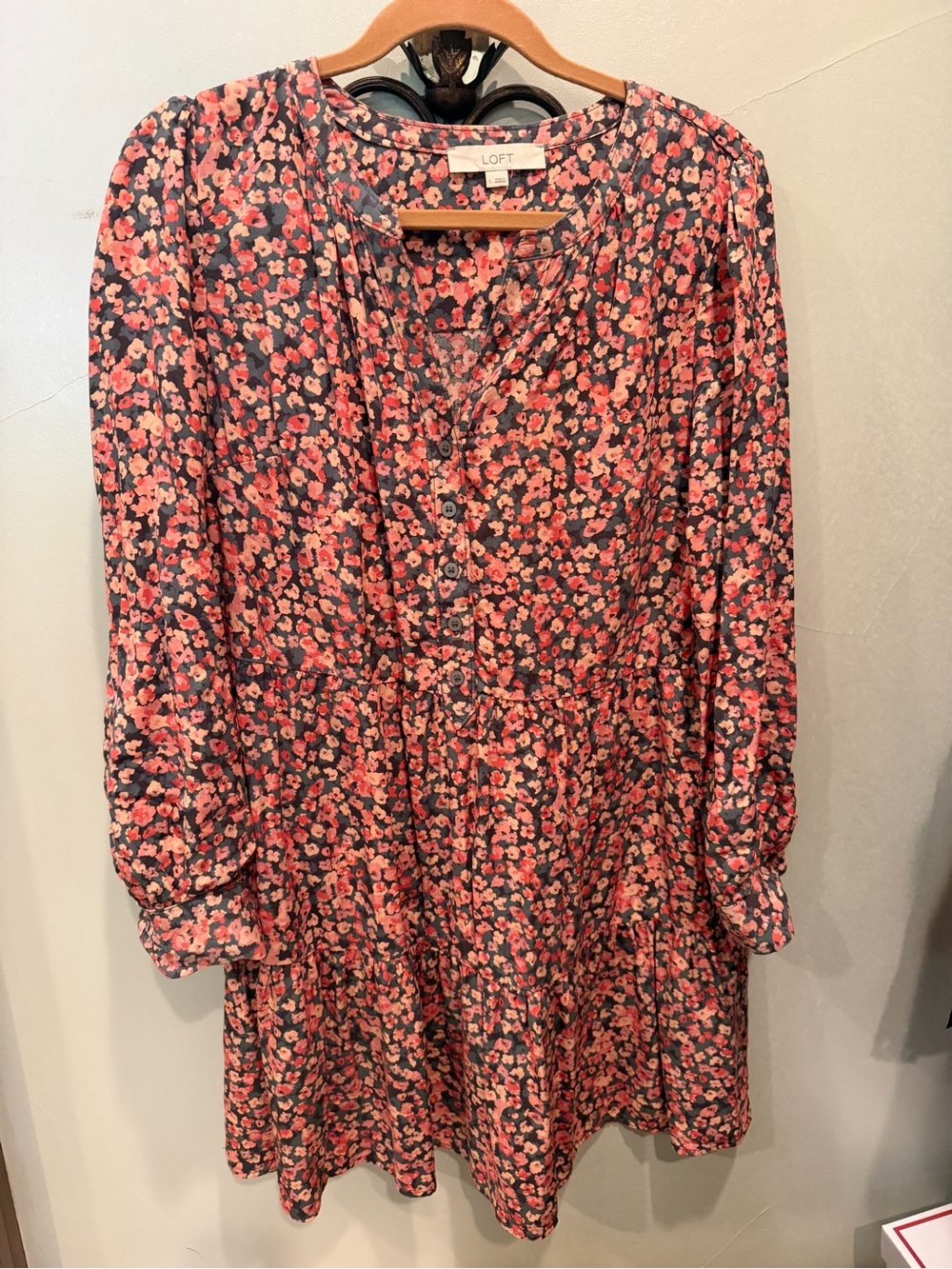 LOFT Grey Dress with Coral Floral Print, Long Sleeve